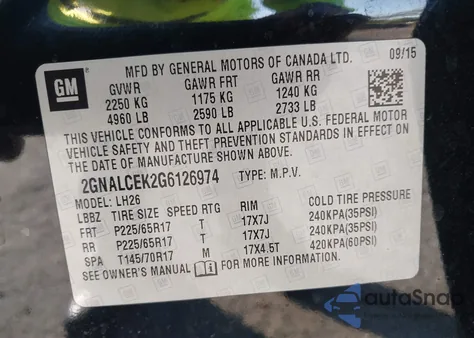 2016 Chevrolet Equinox Lt from USA, damaged, VIN 2GNALCEK2G6126974